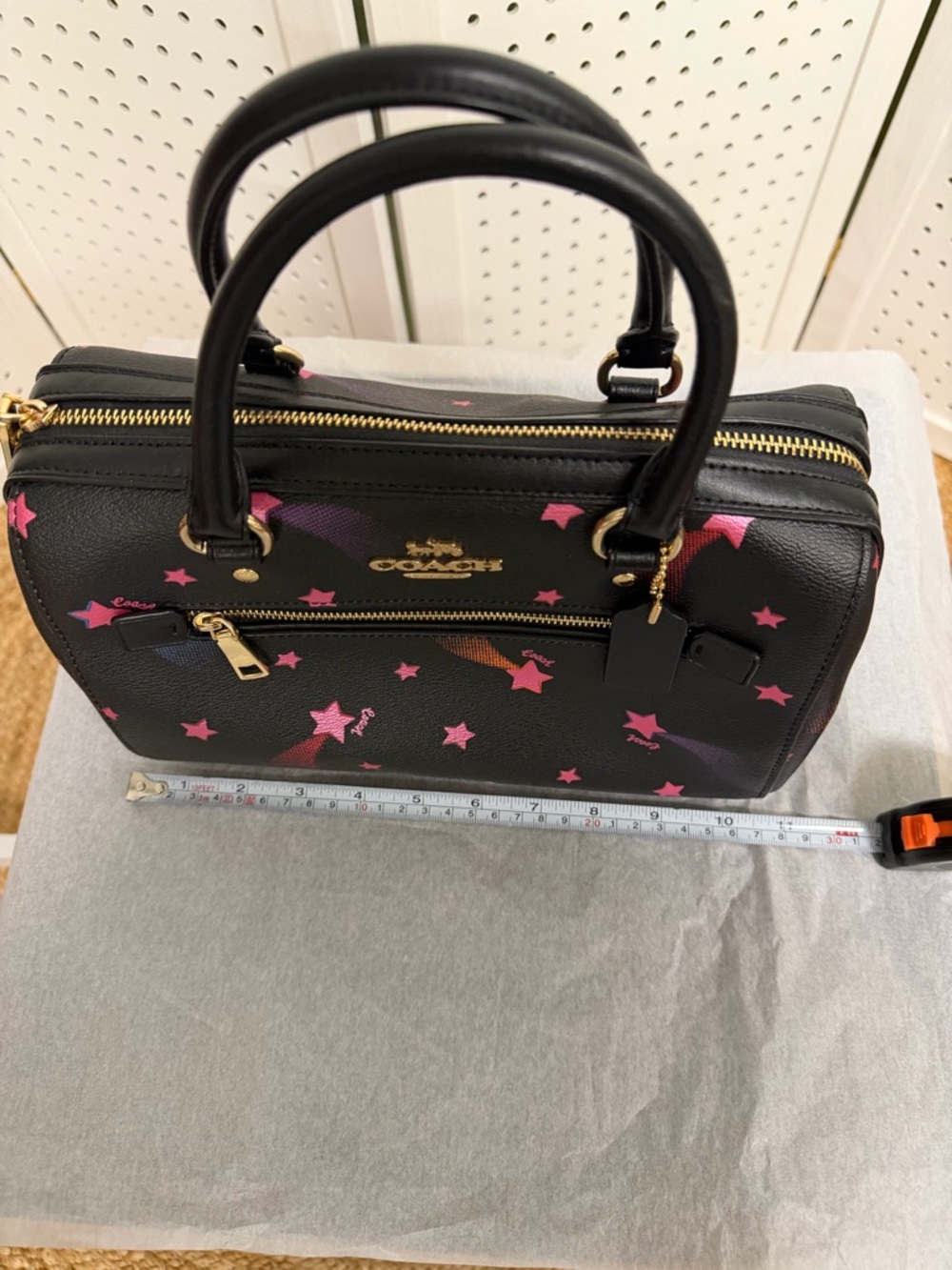 Coach Rowan Satchel Canvas Leather Shooting Disco Star Print Medium Black Pink - Picture 6 of 8